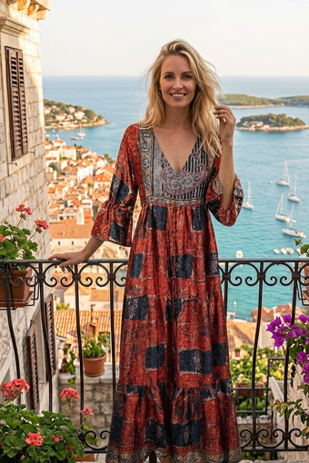 Orange Black Beach Maxi Dress with Loose Long Sleeves for Women S/M