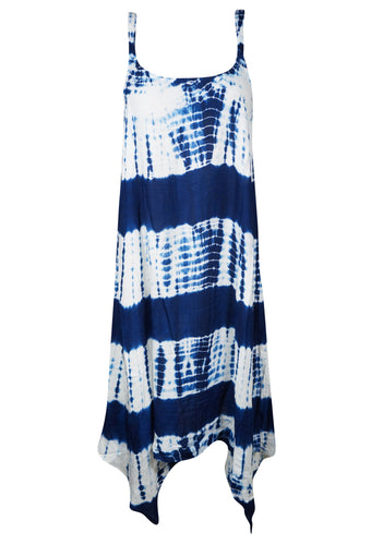 Blue and White Tie-Dye Tank Dress Short Summer Cover-Up for Women S