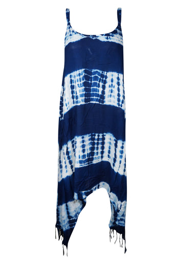Women’s Navy Blue and White Tie-Dye Tank Dress – Lightweight Short Summer Cover-Up S