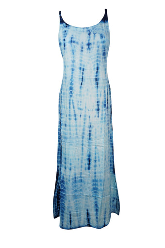 Boho Sky Blue Tie-Dye Tank Dress – Long Summer Beach Cover-Up for Women S