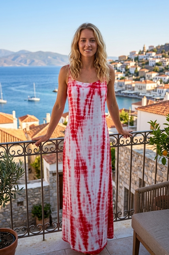 Boho Red Tie-Dye Maxi Dress – Women’s Long Flowy Summer Beach Cover-Up S