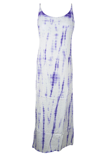 Boho-Chic Purple & White Tie-Dye Maxi Tank Dress Summer Beach Cover-Up for Women S