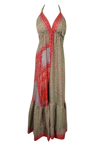 Women's Upcycled Silk Maxi Dress – Red & Green Bohemian Strap Dress Beach Cover-Up M/L