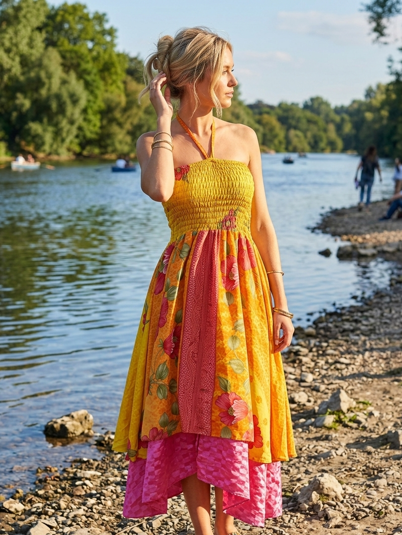 Women's Yellow Pink Boho Skirt Dress