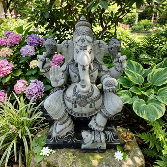 Natural Stone Ganesha Garden Statue Handcarved Black Granite Stone