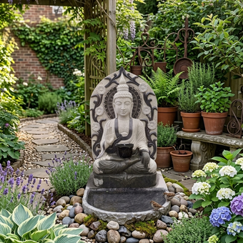 PRE ORDER Natural Stone Buddha Garden Fountain Statue Handcarved Gray Granite
