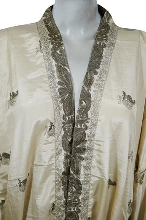Recycled Silk Sari Kimono, Duster, House Robe, Beige Boho Beach Cover Up, Nightwear L-2X