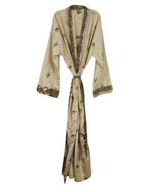 Recycled Silk Sari Kimono, Duster, House Robe, Beige Boho Beach Cover Up, Nightwear L-2X