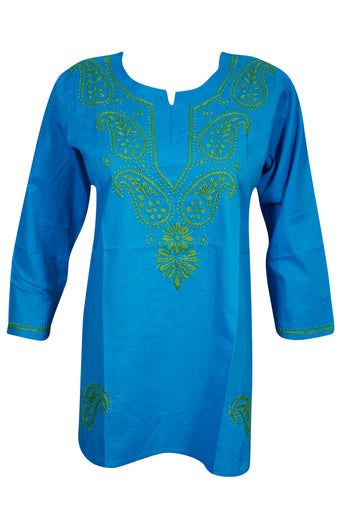 Sea Blue Boho Charm – Hand-Embroidered Coastal Cotton Short Tunic L