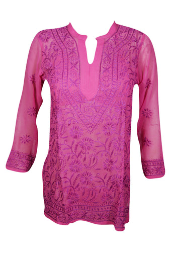 Dark Pink Elegance – Hand-Embroidered Georgette Short Tunic Dress S