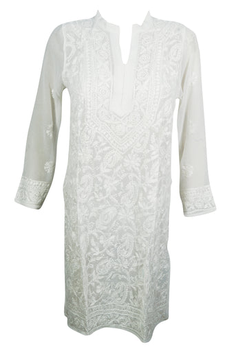 Boho White Elegance – Hand-Embroidered Georgette Long Tunic Dress S
