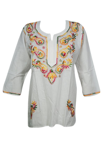 White Boho Charm – Colorful Hand-Embroidered Coastal Cotton Short Tunic XS