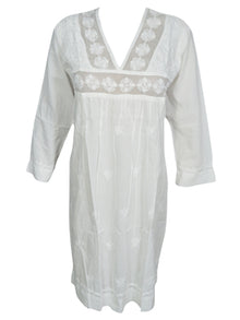  Womens Tunic Dress, White Cotton Floral Embroidered Beach Cover up, S