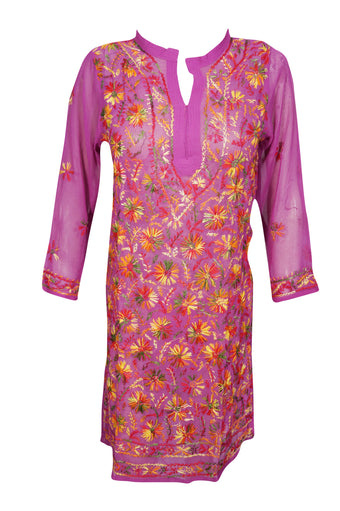 Boho Blossom – Pink Floral Hand-Embroidered Georgette Long Tunic Dress XS
