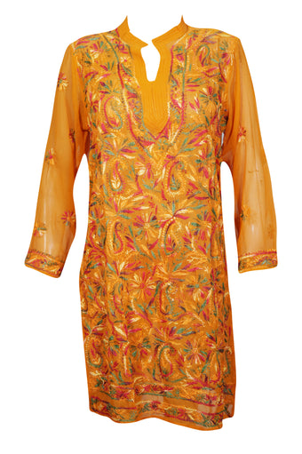 Boho– Sunset Orange Floral Hand-Embroidered Georgette Long Tunic Dress XS