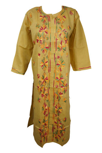 Yellow Boho Cotton Tunic Lightweight Embroidered Summer Top & Beach Cover-Up L