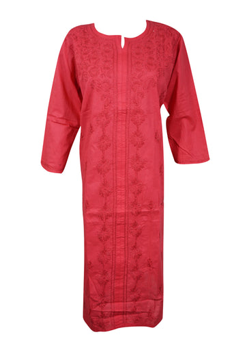 Red Boho Cotton Tunic Lightweight Embroidered Summer Top & Beach Cover-Up L