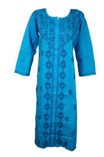 Sea Blue Boho Cotton Kurti Hand-Embroidered Summer Tunic & Beach Cover-Up L