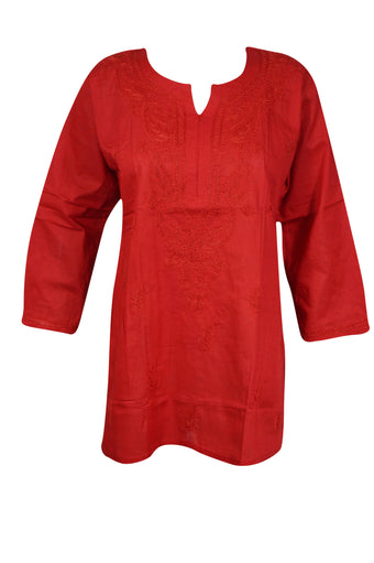 Red Boho Charm – Hand-Embroidered Coastal Cotton Short Tunic L
