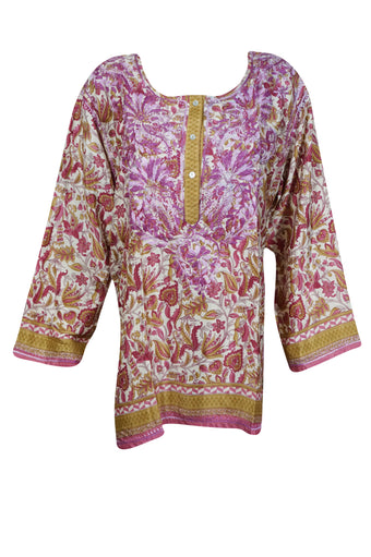Boho Silk Beauty – Hand-Embroidered Pink Floral Short Kurti 2XL