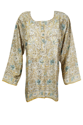 Boho Silk Elegance – Hand-Embroidered Beige Floral Short Kurti 2XL