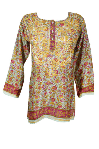 Red and Yellow Embroidered Silk Tunic Boho-Chic Summer Style and Beach Cover-Up XL