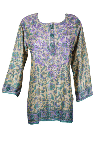 Light Purple and Green Hand-Embroidered Silk Beach Kurti Tunic M