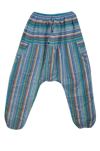 Harem Hippie Pant, Sky Blue Cotton Baggy Handmade Stripe Print Pants, S/M/L