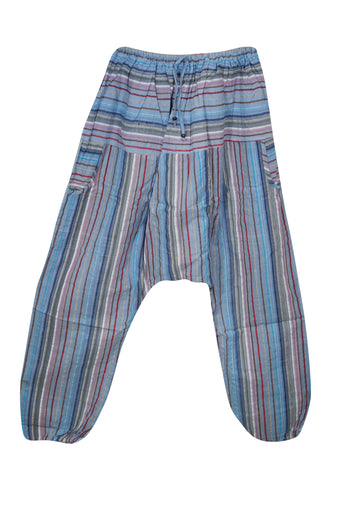 Harem Hippie Pant, Sky Blue Cotton Baggy Handmade Stripe Print Pants, S/M/L