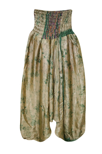Boho Harem Yoga Pants, Olive Green Floral High Waist Genie Pant S/M/L