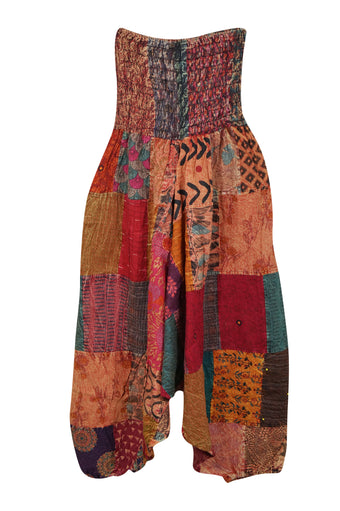 Women's Red Floral High-Waist Cotton Patchwork Boho Yoga Pants S/M/L