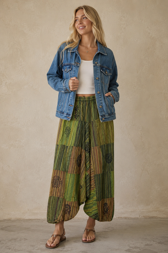 Green Cotton Harem Pants for Women – Bohemian Yoga & Hippie Style Lounge Pants S/M/L