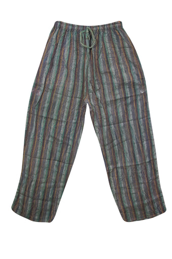 Women's Gray & Orange Striped Wide-Leg Pants – Casual Elastic Waist Beach S/M