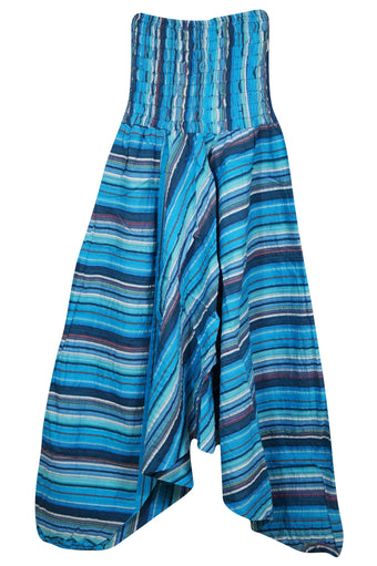 Women's Blue Stripe High-Waist Cotton Patchwork Boho Yoga Pants S/M/L