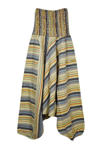 Boho Hippie Baggy Pants Yellow Stripe High-Waist Cotton Yoga Pants S/M/L