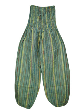 Hippie Harem Pants, Green Stripe Print Hippie Baggy Yoga Pants S/M/L