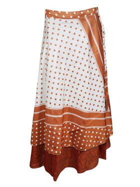 Orange White Printed Silk sari wrap skirt Gift One size