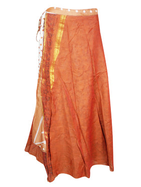 Orange White Printed Silk sari wrap skirt Gift One size