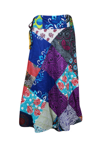 Women's Wrap Around Skirts Cotton Blue Purple Patchwork Midi Skirts One size