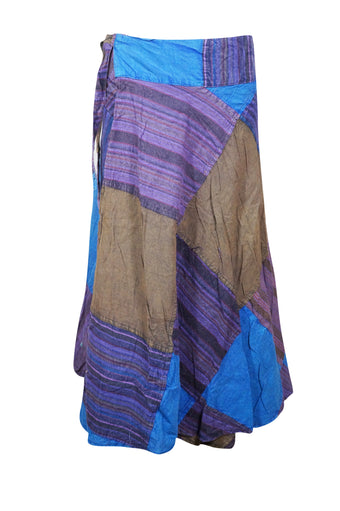 Wrap Around Skirts Cotton Blue, Purple Patchwork Midi Skirts One size