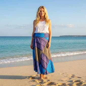 Wrap Around Skirts Cotton Blue, Purple Patchwork Midi Skirts XL