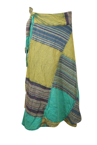 Wrap Around Skirts Cotton Olive Green Patchwork Midi Skirts One size