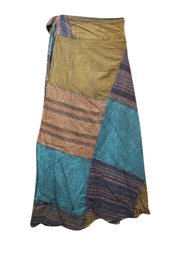 Wrap Around Skirts Cotton Beige Blue Patchwork Midi Skirts One size