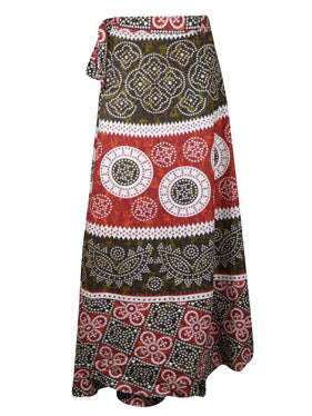 Womens Wrap Maxi Skirt, Red Circles Indi Boho A-Line Wraparound Skirts Onesize