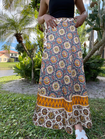 Women Boho Chic wrap Skirts, Blue Floral Wrap around Travel Skirt One size