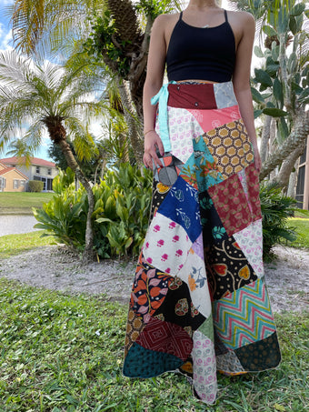 "Women's Wrap Skirt – Red & White Floral Cotton Patchwork Design "Skirt One-Size