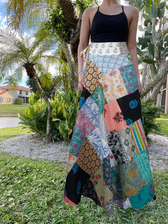 Women Hippie Skirt Sea Blue Floral Patchwork Cotton Boho Beach Cover Up