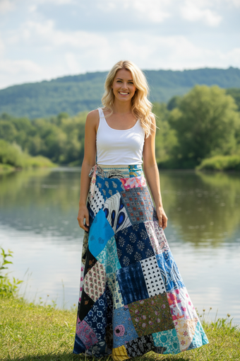 Azure Blue Floral Patchwork Wrap Around Skirt – Hippie Boho Long Cotton Skirt
