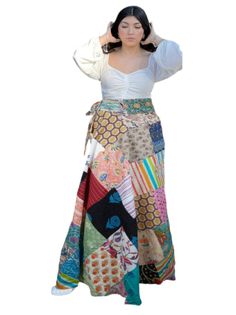 Beige Boho Patchwork Floral Wrap Skirt – Colorful Free-Spirited Beach Vibes