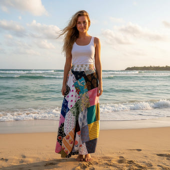 Light Pink Boho Patchwork Floral Wrap Skirt – Free-Spirited Beach Style